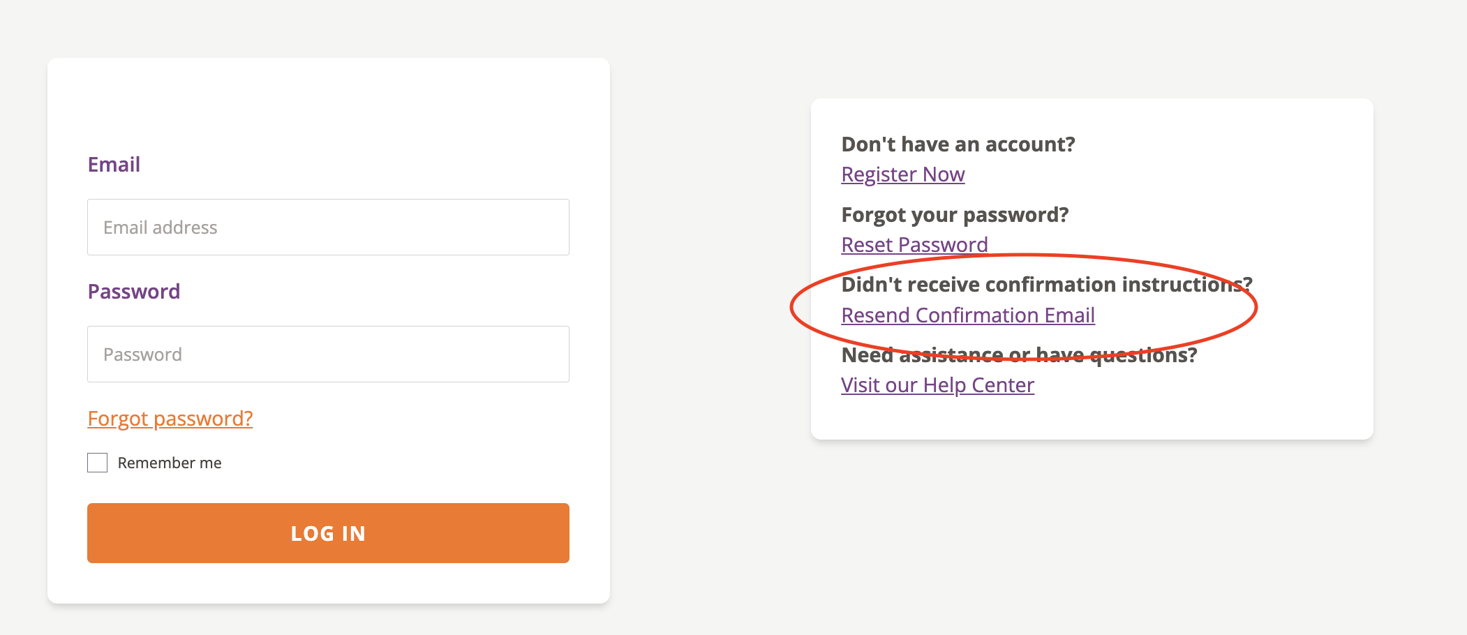 Screenshot of login page showing the link to resend confirmation email